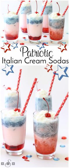 patriotic ice cream sodas with red, white and blue striped straws in them