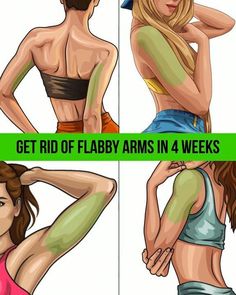 three different images of the same woman's back and shoulder, with text that reads get rid of flappy arms in 4 weeks