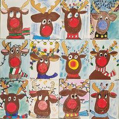 a group of reindeers with christmas lights on their antlers and nose are depicted in this drawing