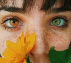 a close up of a person with freckles on their face holding a flower