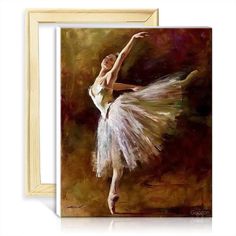 a painting of a ballerina in white and pink is on display next to a wooden frame