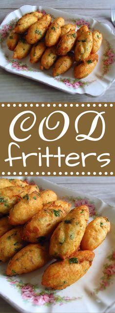 two plates filled with fried food and the words go fritters on top of them