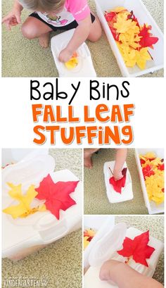 a collage of photos showing how to make fall leaf stuffings for baby bins