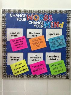 a bulletin board with post it notes attached to it and the words change your words, change your mind