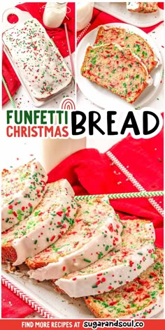 christmas bread with white frosting and sprinkles is shown on a plate