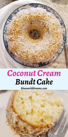 coconut cream bundt cake on a plate with a fork