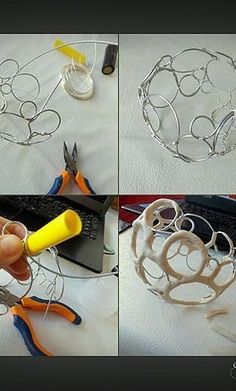 four pictures showing the process of making wire work with scissors and pliers on a table