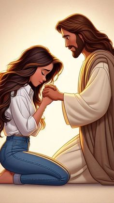 jesus kneeling down and touching the hand of a woman with her hands clasped to her chest