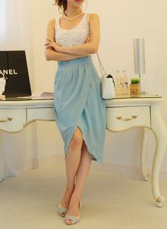 Sky blue chiffon tulip long skirt | Dressholic - Clothing on ArtFire Kibbe Romantic, Long Outfit, Tulip Skirt, Trendy Skirts, Skirt Outfits, Skirt Fashion, Long Skirt, Pink Dress