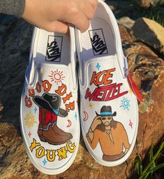 Koe Wetzel Inspired Custom Hand Painted Vans Vans Shoe Designs, Koe Wetzel Quotes, Painting Shoes Idea, Koe Wetzel Aesthetic, Western Vans Shoes, Western Vans, Van Painting Ideas Shoes, Shoe Painting Ideas Vans, Koe Wetzel