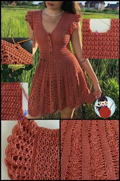 a crocheted dress is shown with buttons on the front and back, in red