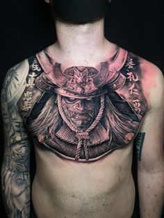 Chest Tattoo Samurai, Samurai Chest Tattoo Men, Samurai Mask Chest Tattoo, Japanese Chest Tattoo, Chest Tattoo Japanese, Chest Piece Tattoo, Samurai Mask Tattoo, Full Chest Tattoos, Annabelle Doll