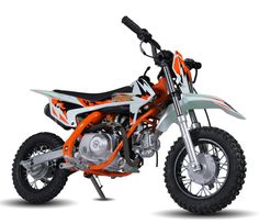 an orange and white dirt bike on a white background