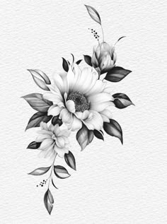 a black and white drawing of flowers with leaves on the bottom half of their petals