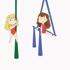 two cartoon girls hanging upside down on blue and green poles, one girl in red swimsuit