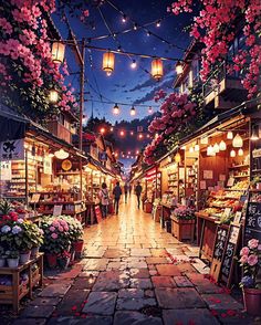 an outdoor market with lots of flowers and lights