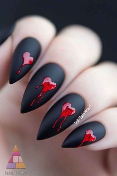 Red And Black Nails With Glitter, Skull And Crossbones Nails, Halloween Heart Nails, Spooky Red Nails, Red And Black Halloween Nail Designs, Matte Black Halloween Nails Design, Coffin Shaped Halloween Nails, Black Red Halloween Nails, Red Black Halloween Nails