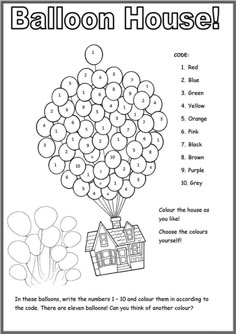 the balloon house worksheet for kids to learn how to write numbers and colors