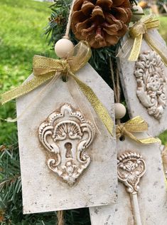 two ornaments are hanging from a tree with pine cones on top and ribbons around them