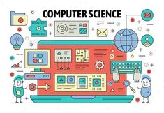 the concept of computer science is depicted in this flat line art style - computers technology