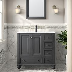 a bathroom vanity with a mirror above it and a potted plant in the corner