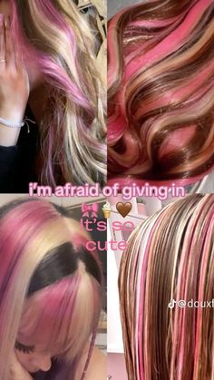 My mom says that I can get it next year in 7th grade Hair With Pink Streaks, Neapolitan Hair, Brown And Pink Hair, Pink Hair Highlights, Calico Hair, Pink Streaks, Dyed Hair Inspiration, Beauty Care Routine, Digital Closet