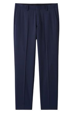 A slim fit defines these wool-kissed dress pants that offer just enough stretch for day-one comfort. 31" inseam; 13 1/2" leg opening; 10 1/2" front rise; 16" back rise (size 32 US/ 48 EU)   Partially lined   54% recycled polyester, 44% wool, 2% elastane   Dry clean   Made in Turkey Mens Navy Dress Pants, Navy Pants Men, Navy Dress Pants, Slim Fit Dress Pants, Navy Blue Pants, Slim Fit Dress, Outfit Check, Tiger Of Sweden, Fit Dress