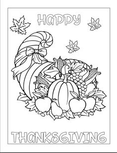 a happy thanksgiving coloring page with a turkey and autumn leaves on the side, in black and white