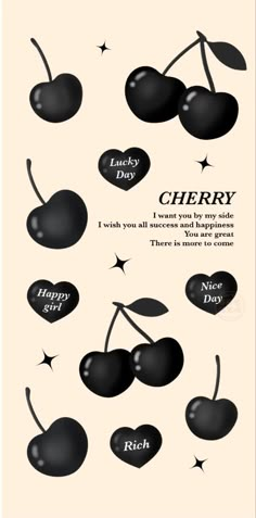 cherries are arranged in the shape of hearts with words that say cherry, i love you