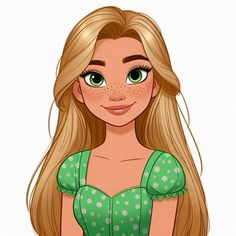 a cartoon girl with long blonde hair and green dress, looking at the camera while smiling