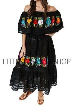 Find ideas๏ฟฝand inspiration for BLACK Mexican Dress CAMPESINA Off Shoulder Dress Fits S/M or L/XL Crochet Floral, Stunning Womens Dresses Black Mexican Dress, Puebla Dress, Off Shoulder Style, Mexican Embroidered Dress, Mexican Blouse, Mexican Dress, Mexican Dresses, Off Shoulder Fashion, Beautiful Blouses