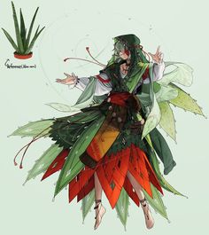 a drawing of a woman dressed in green and red with an aloen plant behind her