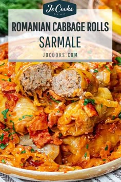 a close up of a plate of food with text overlay reading roman cabbage rolls sarmale