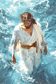 jesus walking through the water with his crown on his head