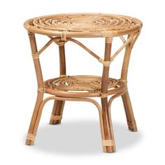 a small round table made out of wicker