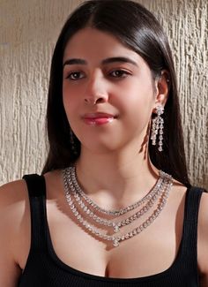 White Finish 3 Line Layered Diamond Necklace Set Zevar By Geeta - Fabilicious Fashion Layered Diamond Necklace, 3 Layer Necklace, 4 Earrings, Indian Theme, Indian Wedding Wear, Diamond Necklace Set, Layer Necklace, Necklace Diamond, Traditional Indian