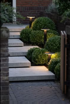 some steps that have lights on them in the middle of their way to an entrance