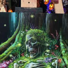 a painting of a skeleton sitting in the middle of a forest with flowers and plants