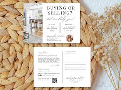 two postcards with the words buying or selling on them next to some dried flowers