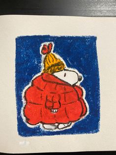 a child's drawing of a dog in a red jacket and yellow hat with a blue background