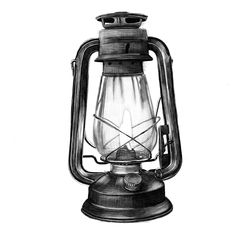 a black and white drawing of an old fashioned lantern