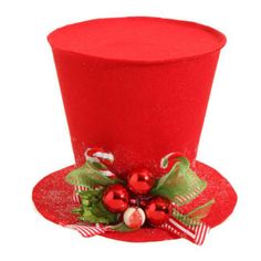 a red top hat with ornaments on it