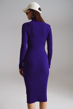 Elevate your daily style with our Midi Bodycon Knitted Dress featuring a sophisticated turtle neck in a lovely shade of purple. This midi dress offers a bodycon fit, making it a comfortable and fashionable choice for your daily activities.  Crafted from ribbed knit with a blend of 40% viscose, 30% polyester, and 30% nylon, this dress combines softness and stretch for a luxurious feel against your skin.  The model is wearing size U, with measurements 35-24-35 and a height of 5'11''. Our Midi Body Fitted Ribbed Purple Dress, Purple Midi Dress For Winter, Elegant Ribbed Turtleneck Midi Dress, Elegant Turtleneck Ribbed Midi Dress, Fitted Turtleneck Midi Dress For Party, Elegant Purple Stretch Bodycon Dress, Ribbed Turtleneck Bodycon Dress, Purple Knee-length Winter Dress, Fitted Purple Midi Dress