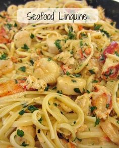 seafood linguine with shrimp and parsley in a skillet, ready to be eaten