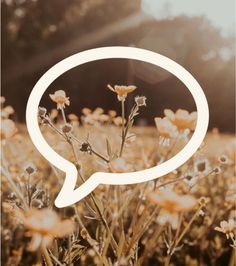 a field full of flowers with a speech bubble above it