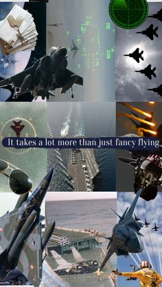 the collage shows many different types of fighter jets in flight, with caption that reads it takes a lot more than just fancy flying