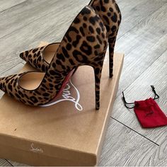 Brand New Christian Louboutin Real Fur Leopard Print Box Dust Bag Us 10 2000s Heels Aesthetic, Loubitons Heels Aesthetic, Louibittons Heels, Leopard Print Things, Louboutin Heels Outfit Classy, Loubitons Heels, Louboutin Shoes Aesthetic, Expensive Heels, Luxury High Heels