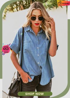 Light Blue Turn-down Collar Short Sleeve Denim Shirt Light Blue Relaxed Fit Denim Top For Summer, Dark Wash Button Closure Shirt For Summer, Dark Wash Button-up Shirt For Summer, Dark Wash Shirt With Button Closure For Summer, Summer Denim Blue Shirt With Button Closure, Summer Chambray Denim Shirt, Dark Wash Summer Shirt With Pockets, Relaxed Fit Short Sleeve Denim Top, Washed Blue Short Sleeve Denim Shirt