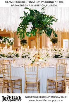 an elegant wedding reception at the breakers in palm beach, florida with white flowers and greenery