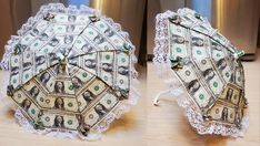 two pictures of an umbrella made out of dollar bills and lace, on top of a wooden table